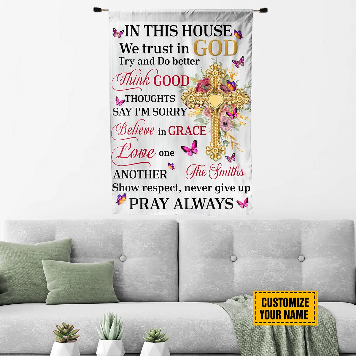 Teesdily | Jesus Cross Customized Flag In This House We Trust In God Garden Flag Butterfly Print Flag Christian Home Decor God Inspiration