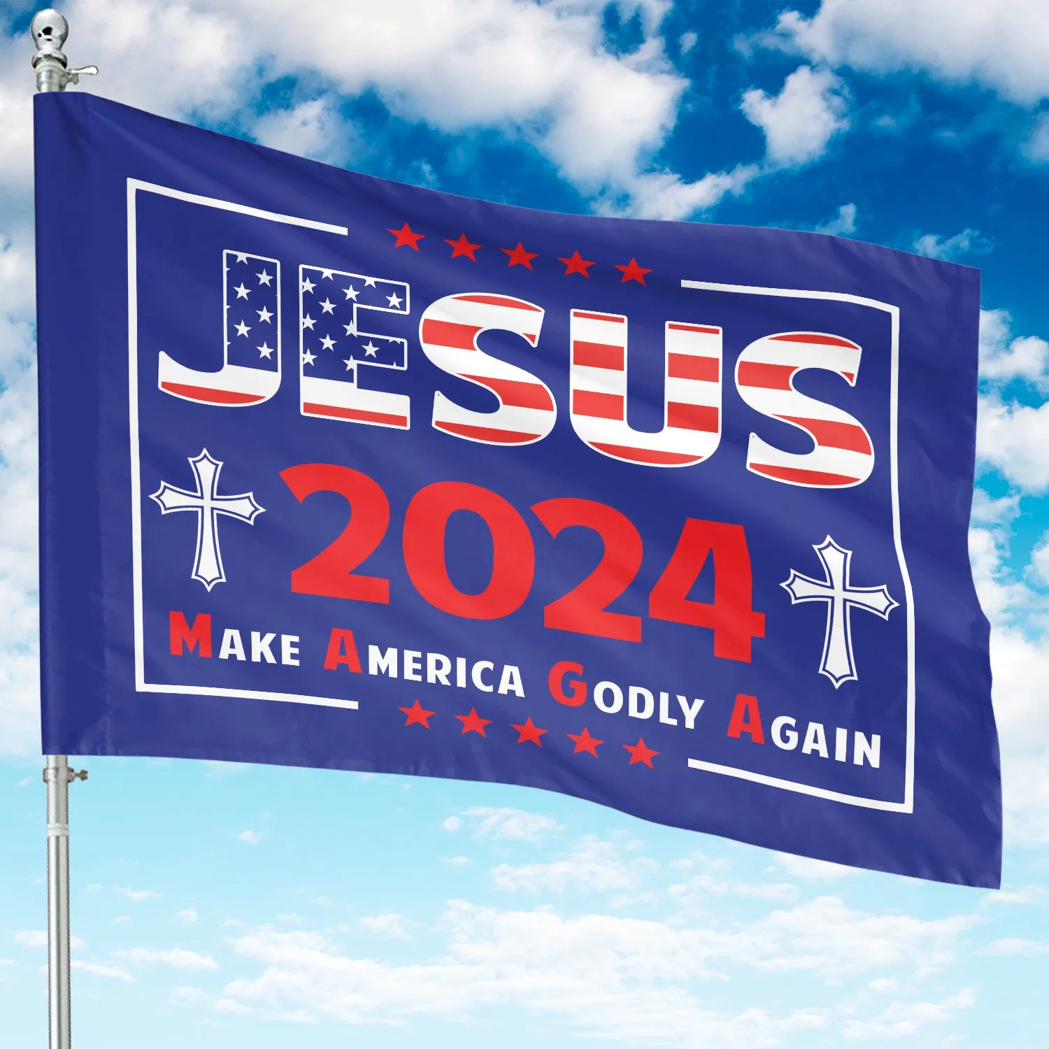 Teesdily | Jesus Cross Garden Flag, Christ 2024 Make American Godly Again House Flag, American Flag Banner Yard Outdoor Decor, Jesus Patriot Gift