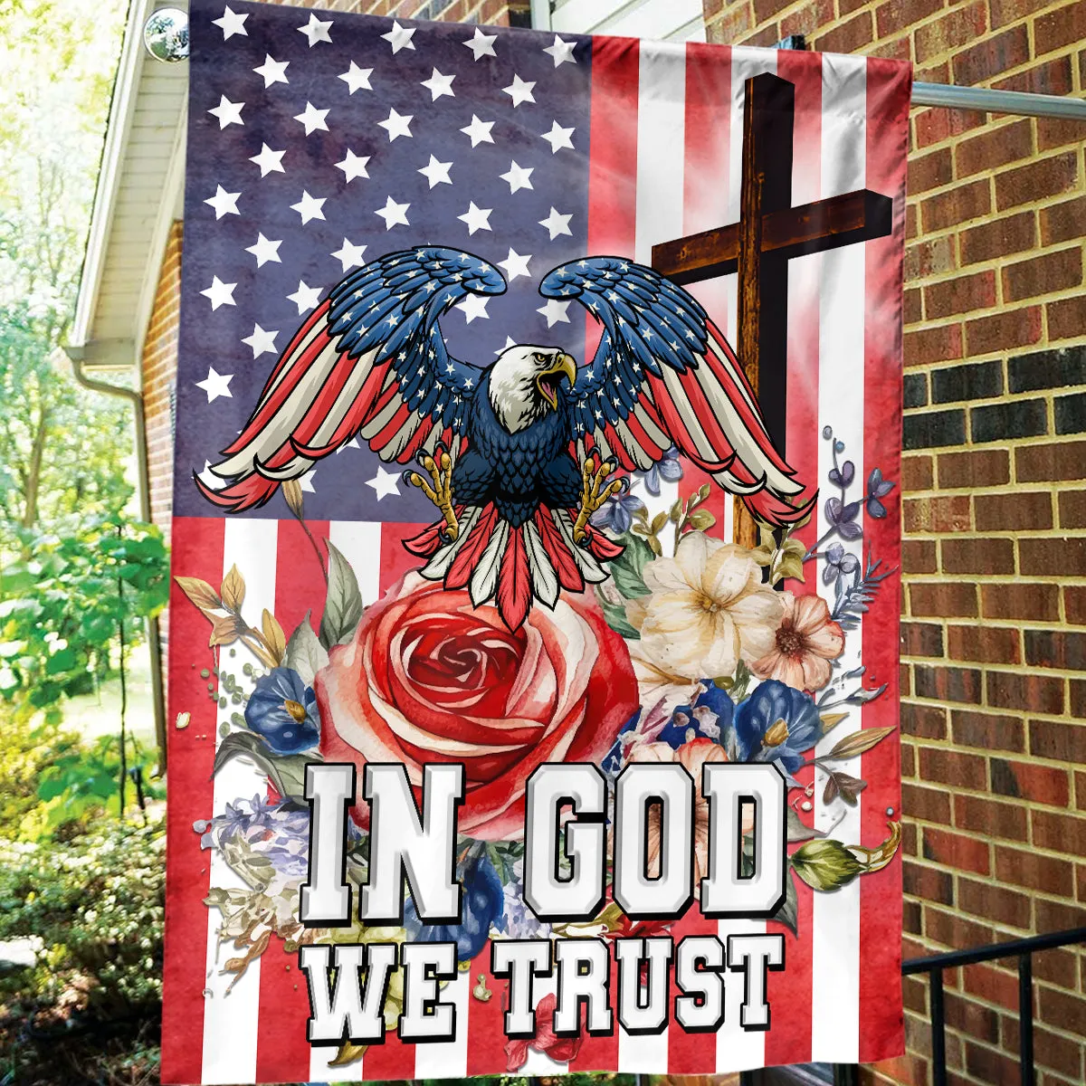 Teesdily | Jesus Eagle American Yard Flag, In God We Trust Floral House Flag, Independence Day Garden Flag, Patriotic Decorations, Outdoor Decor