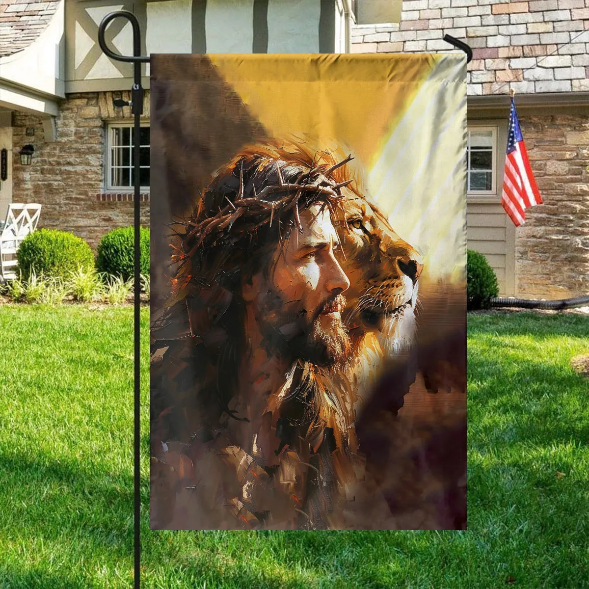 Teesdily | Jesus Lion Of Judah Garden Flag, Jesus Oil Painting Print House Flag, Religious Home Decor, Christian Outdoor Decor Garden House Flag