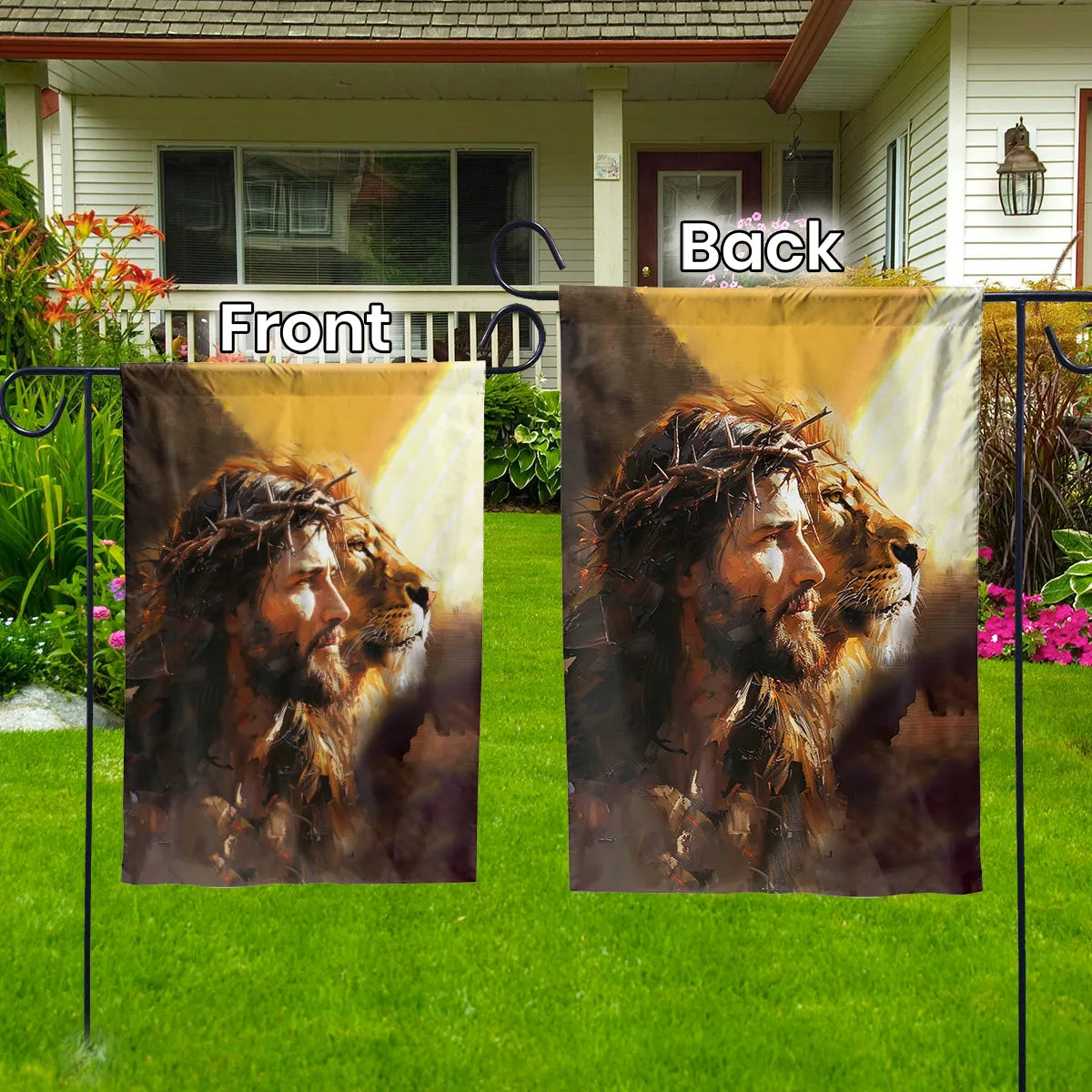 Teesdily | Jesus Lion Of Judah Garden Flag, Jesus Oil Painting Print House Flag, Religious Home Decor, Christian Outdoor Decor Garden House Flag