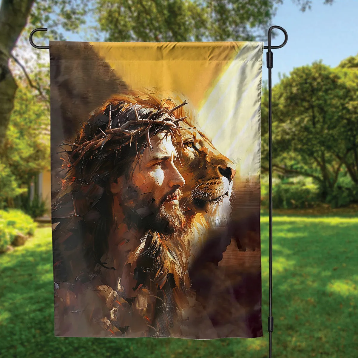 Teesdily | Jesus Lion Of Judah Garden Flag, Jesus Oil Painting Print House Flag, Religious Home Decor, Christian Outdoor Decor Garden House Flag