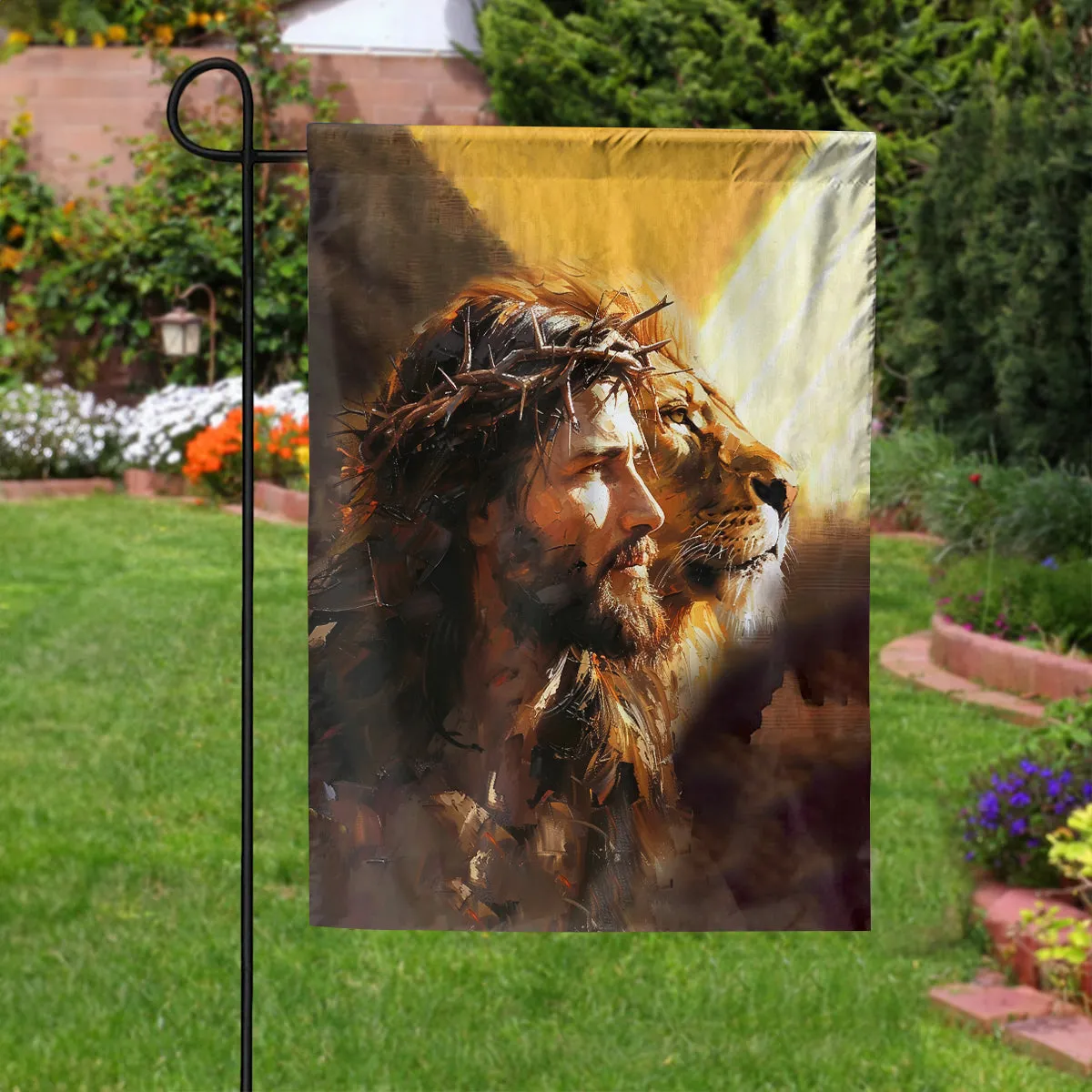 Teesdily | Jesus Lion Of Judah Garden Flag, Jesus Oil Painting Print House Flag, Religious Home Decor, Christian Outdoor Decor Garden House Flag