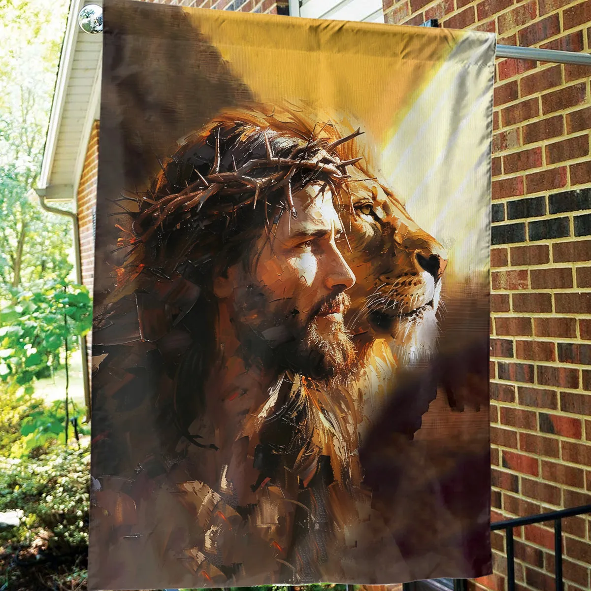 Teesdily | Jesus Lion Of Judah Garden Flag, Jesus Oil Painting Print House Flag, Religious Home Decor, Christian Outdoor Decor Garden House Flag