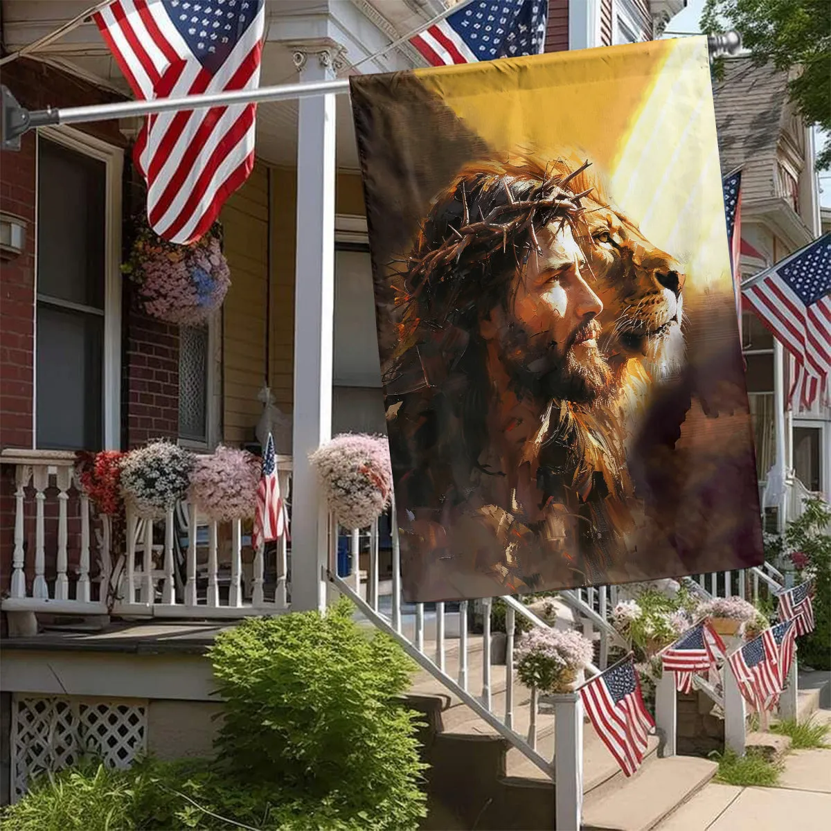 Teesdily | Jesus Lion Of Judah Garden Flag, Jesus Oil Painting Print House Flag, Religious Home Decor, Christian Outdoor Decor Garden House Flag