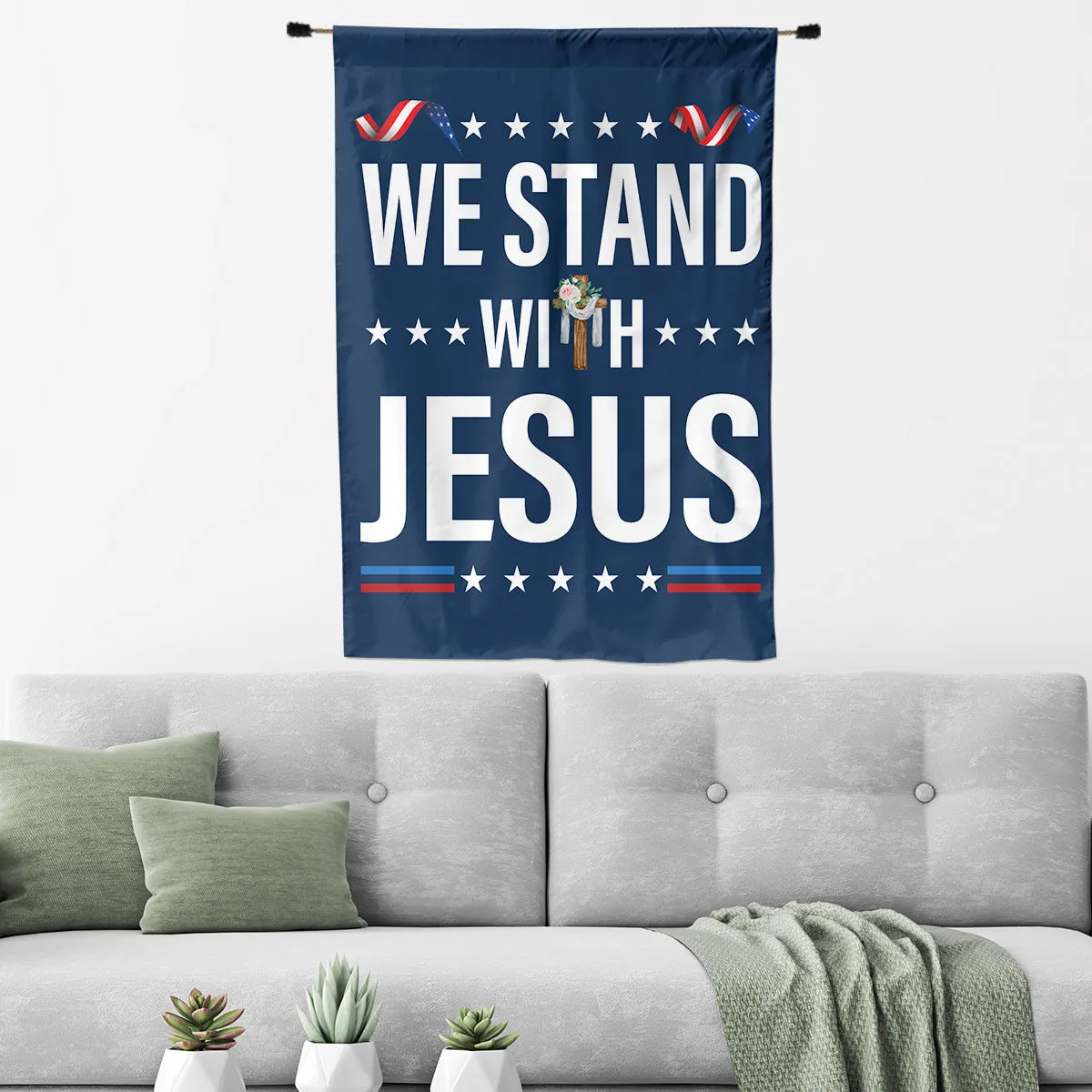 Teesdily | We Stand With Jesus House Flag, Christian Cross Flower Garden Flag, Christian Patriotic Yard Decor, Christ Banner Flag, Jesus Lovers Gifts