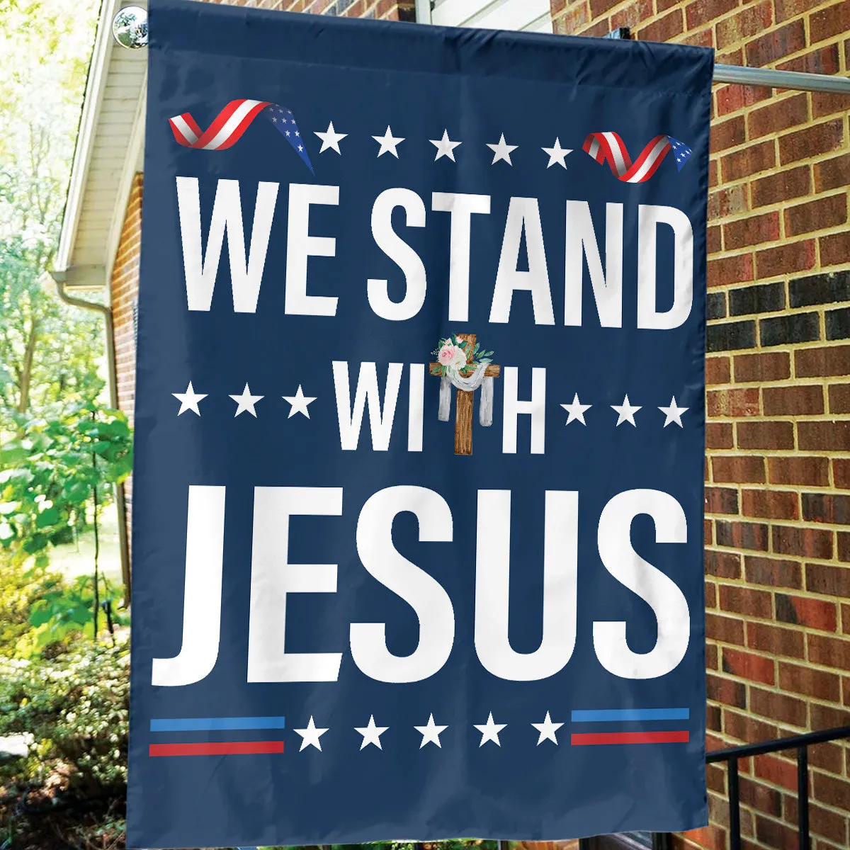 Teesdily | We Stand With Jesus House Flag, Christian Cross Flower Garden Flag, Christian Patriotic Yard Decor, Christ Banner Flag, Jesus Lovers Gifts