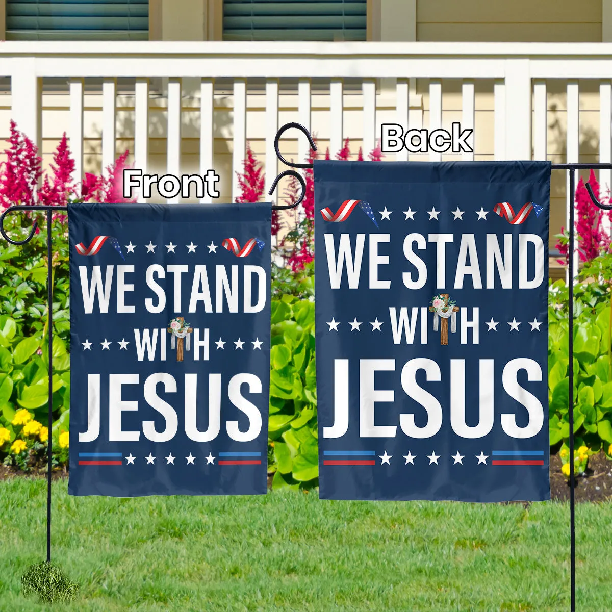 Teesdily | We Stand With Jesus House Flag, Christian Cross Flower Garden Flag, Christian Patriotic Yard Decor, Christ Banner Flag, Jesus Lovers Gifts