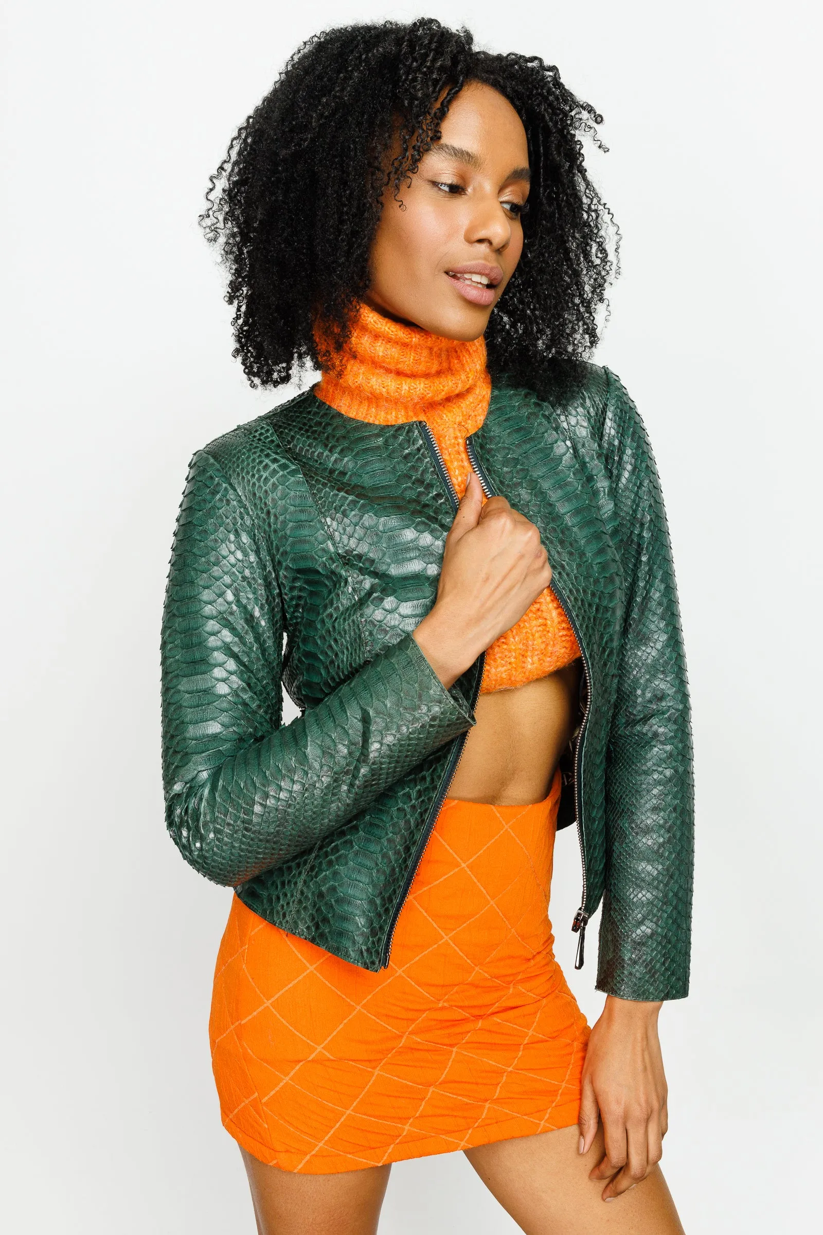 The Mekke Pythn Skin Green Leather Women Jacket