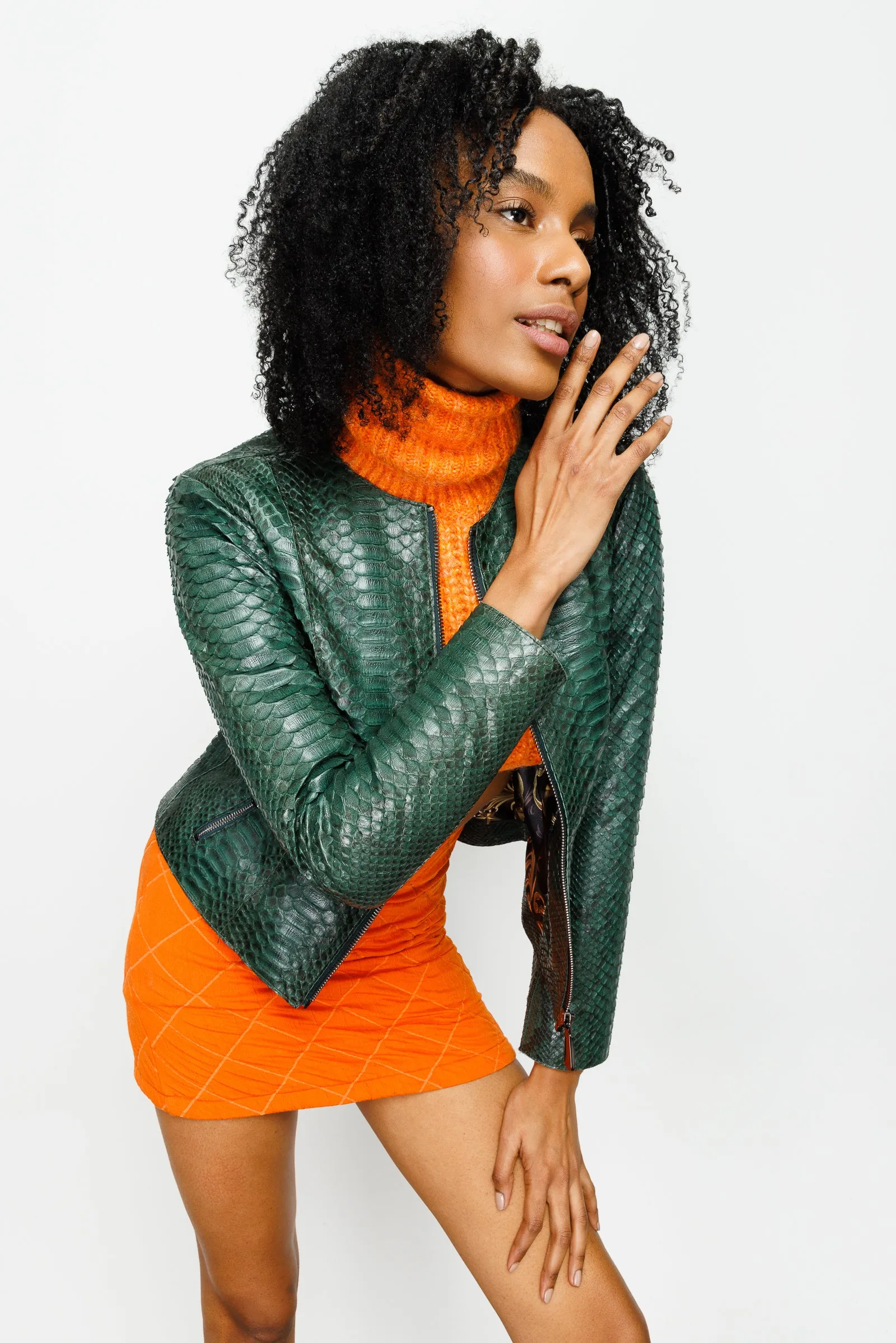 The Mekke Pythn Skin Green Leather Women Jacket