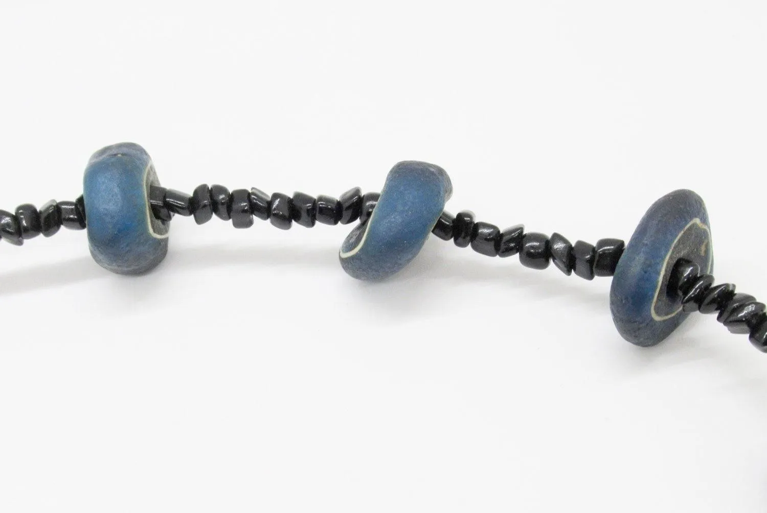 Unusual Blue and Black Long Vintage Bead Necklace