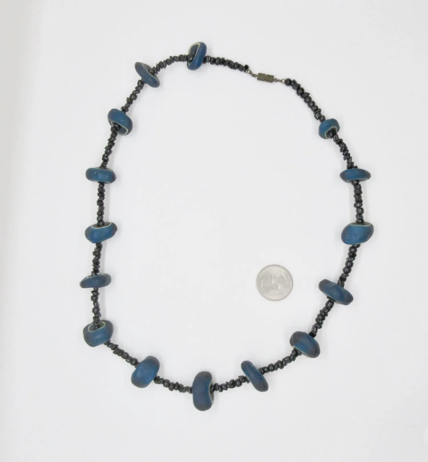 Unusual Blue and Black Long Vintage Bead Necklace