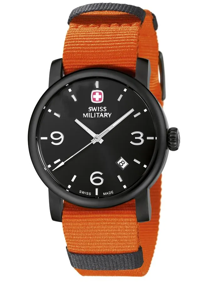 Wenger Mens Urban Classic Watch - Black Metal - Black Dial - Orange Nylon Strap